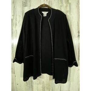Exclusively Misook Womens Cardigan Black White Trim Mesh Knit Open Front Size XL
